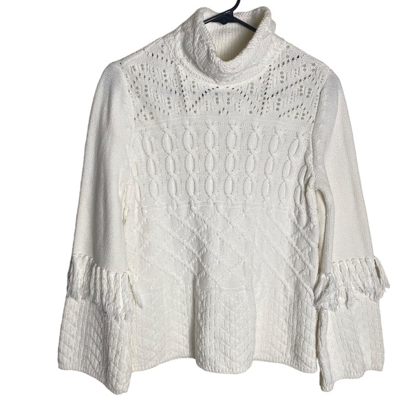 Woman's Cable Knit Sweater-Fringe, Faux Pearl, Turtleneck, Warm - Picture 3 of 9
